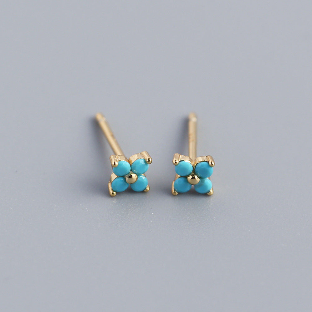 Wholesale Simple Diamond S925 Silver Four-leaf Flower Sweet Small Colorful Flower Earrings